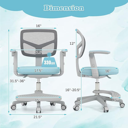 Giantex Kids Desk Chair, Ergonomic Adjustable Student Rolling Chair with Footrest & Flip-up Armrest, Mesh Children Office Chair with Universal Wheels, Kids Computer Chair for Boys & Girls, Blue