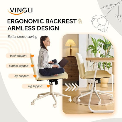 VINGLI Criss Cross Legged Chair,Wide Comfy Office Desk Chair,Dual-Use with/no Wheels Computer Task Chair,Swivel Armless Vanity Rolling Chair for Study,Make Up,Home Office,Cat Scratch PU Leather,Beige