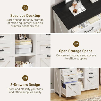 Farmhouse Lateral Filing Cabinet, Lateral File Cabinet with 6 Drawers and Adjustable Shelf, Large Printer Stand with 2 File Drawers for Letter/A4 Size Hanging Files for Home Office, White and Black
