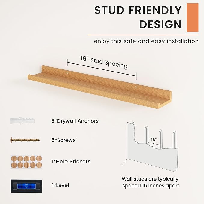 FLYJOE Picture Ledge Shelf, Floating Shelves Set of 2, 30 Inches Nursery Book Shelves for Toys Storage, Kids Bookshelf Wall Mounted for Living Room Bedroom Decor Books Photo Frames, Natural Oak