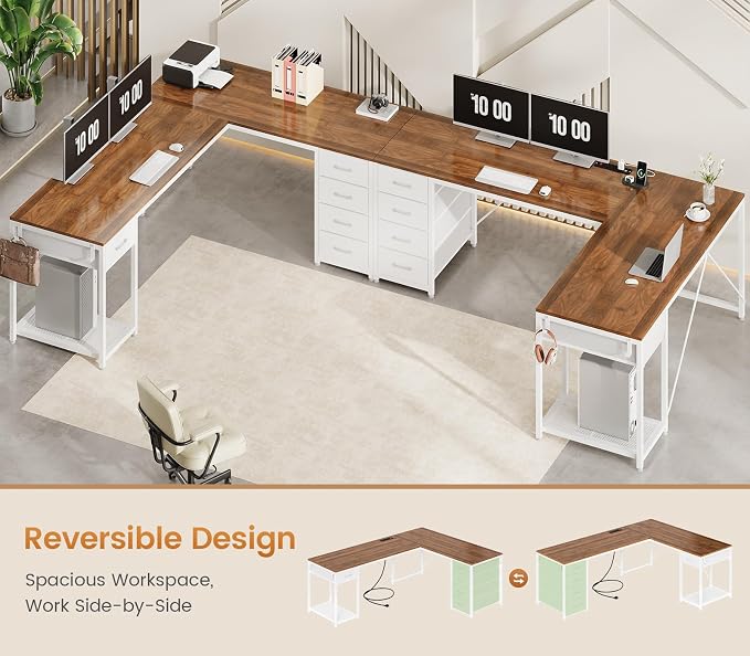 57" L Shaped Desk with 5 Drawers, Reversible Computer Corner Desk with Storage & Power Strip for Home Office, 78.7" Long 2 Person Desk, Brown+White