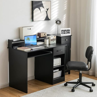 Tangkula Computer Desk with Drawer & Keyboard Tray, 22 Inch Wide Modern Study Writing Desk with Desktop Hutch & Storage Shelves, Home Office Desk for Kids, Wood PC Laptop Desk, Desk for Bedroom
