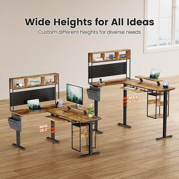 Flycity Electric L Shaped Standing Desk Adjustable Height, 67" x 47" Corner Computer Desk with Host Shelf, Gaming Desk with LED Lights & Power Outlet, Dual Motor Home Office Desk with Storage, Brown