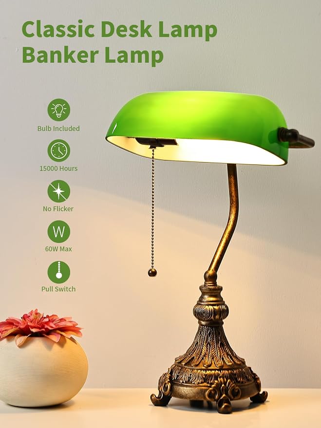 Vintage Green Glass Bankers Desk Lamp for Home Office,Library with Pull Chain Switch Plug in Fixture, LED Bulb Included