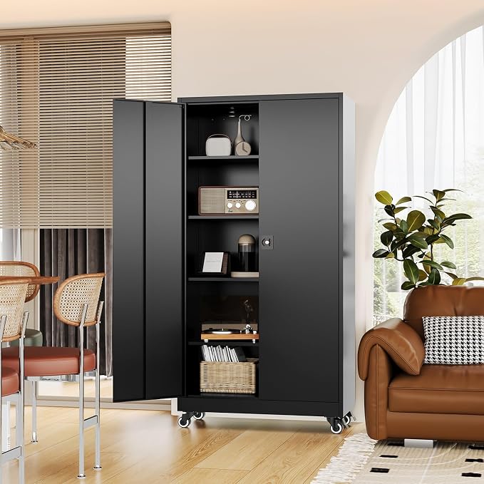 Fesbos Metal Rolling Storage Cabinet-74.6” Tall Steel File Cabinets with Wheels Lockable Doors and Adjustable Shelves-Black Steel Storage Cabinet for Home, School, Office, Garage