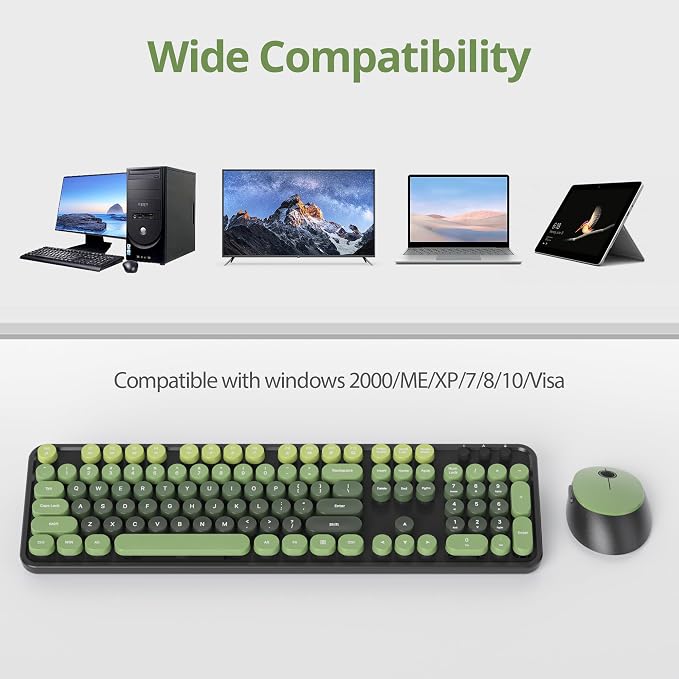 Wireless Keyboard and Mouse Set, Retro Typewriter, 2.4GHz Full Size 104-Key Cute Keyboard with Number Pad, Colorful with Round Keycaps for Windows PC Laptop(Dark Green)