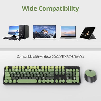 Wireless Keyboard and Mouse Set, Retro Typewriter, 2.4GHz Full Size 104-Key Cute Keyboard with Number Pad, Colorful with Round Keycaps for Windows PC Laptop(Dark Green)