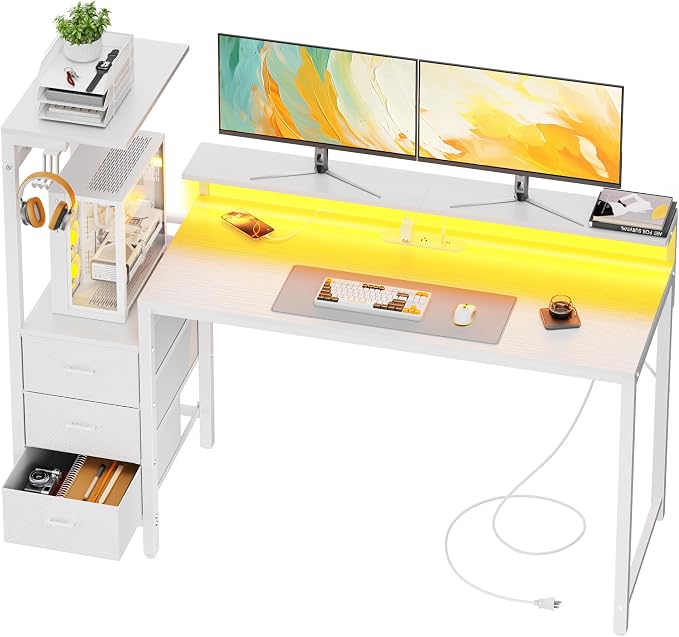 HLDIRECT 60 inch Gaming Desk with 3 Fabric Drawers & Side Hooks-Reversible Home Office Computer Desk with Power Outlets & Led Lights, Gamer Desk Table with Monitor Stand, White