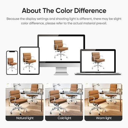 Genuine Leather Office Chair, Padded Mid Back Ergonomic Executive Desk Chair with Aluminum Arm Rest and Base, Swivel Wheels with Lumbar Support & Tilting Function, Hight Adjustable Light Brown