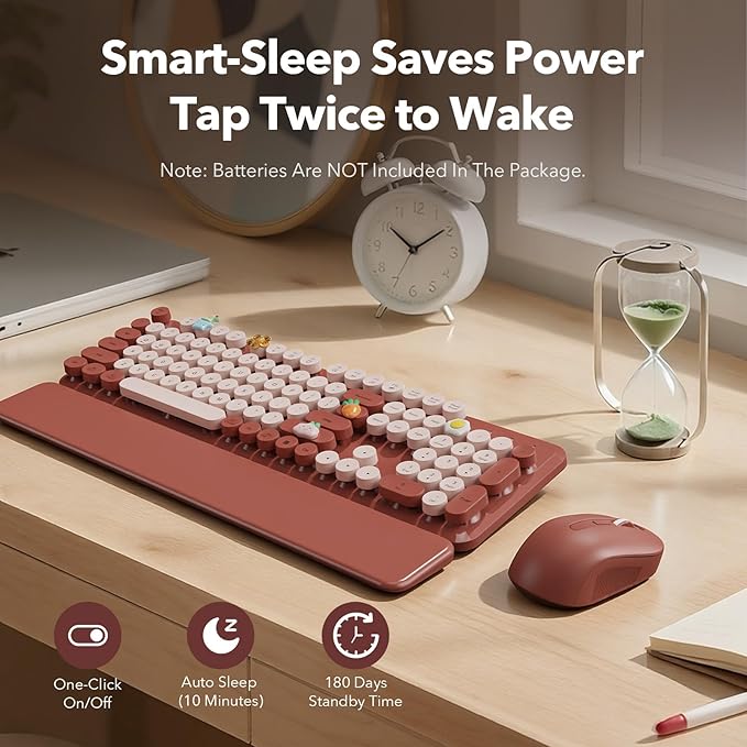 Wireless Keyboard and Mouse Combo, Wine Red Retro Typewriter Style Keyboard with Round Keycaps and Magnetic Wrist Rest, 2.4GHz Wireless for Mac, Windows PC, Laptop, Home Office, School, SABLUTE CK23