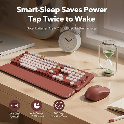 Wireless Keyboard and Mouse Combo, Wine Red Retro Typewriter Style Keyboard with Round Keycaps and Magnetic Wrist Rest, 2.4GHz Wireless for Mac, Windows PC, Laptop, Home Office, School, SABLUTE CK23