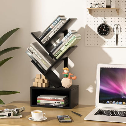 SHEEPAM Small Tree Book Shelf,5 Tier Black Tree Bookshelf,Black Desktop Bookcase,Modern Desk Display Storage Bookshelves,Floor Standing Organizer Bookcases for Living Room,Bedroom,Office