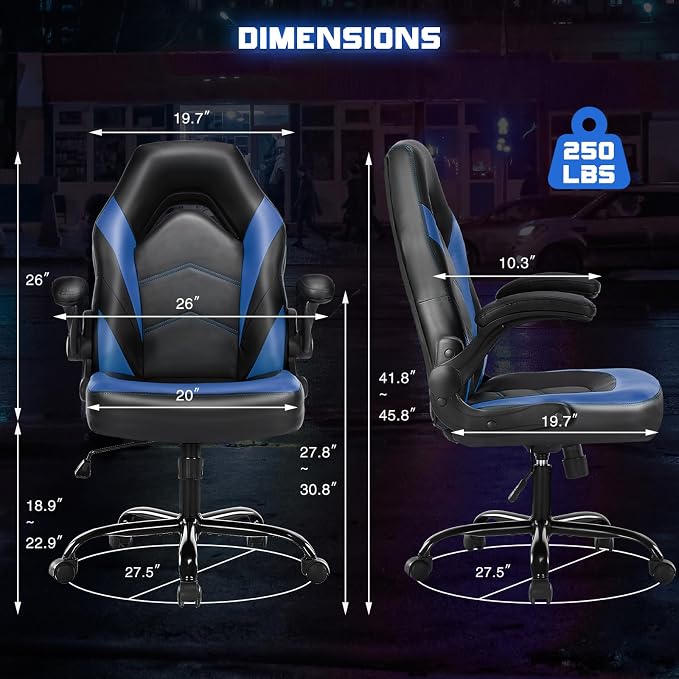 Sweetcrispy Computer Video Game Chair - Ergonomic Home Office with Comfy Lumbar Support, PU Leather Height Adjustable with Flip-up Armrest and 360° Swivel Wheels, Blue, for Adults, Teens