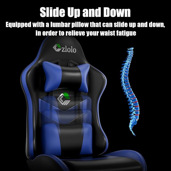 Czlolo Gaming Chair, Ergonomic Office Computer Chair with Footrest and Lumbar Support Massager Racing Style High Back Video Gamer Chair, Wide＆Thick Cushion, 90°-135° Recline, Adjustable Height, Blue