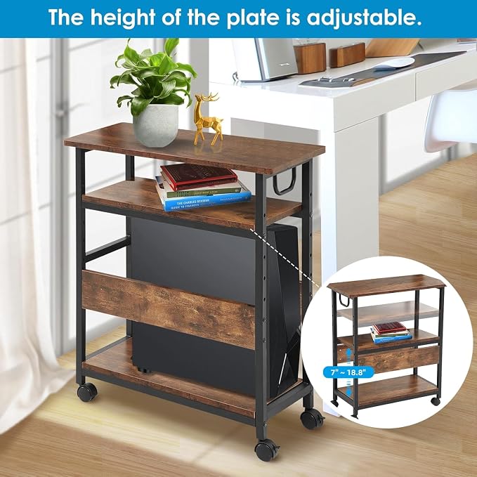TooCust Computer Tower Stand, Computer & Machine Carts, Computers Towers Floor Stand, PC Towers Shelf, 3-Tier PC Tower Floor Stand with Side Shelf, Mobile Rolling CPU Holder Cart for Home Office