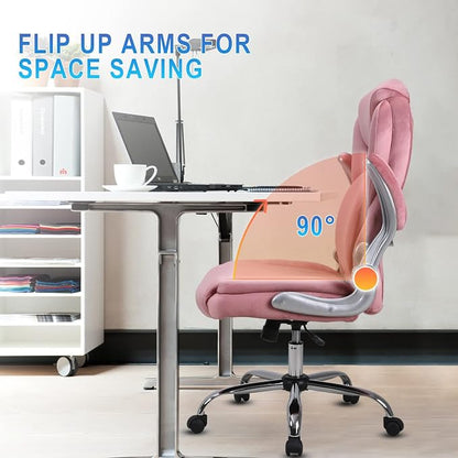 Lumbar Support Executive Office Chair, Ergonomic Velvet Desk Chair, High Back Office Chairs with Wheels Flip up Armrs, Back Support Home Computer Chairs for Women, 90°-120° Rocking (Pink)