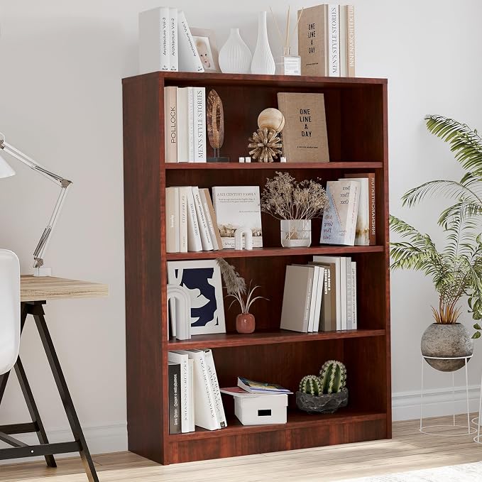 Farini 48 Inch Tall Bookcase,4 Shelf Bookshelves,Adjustable Bookshelf for Home Office,Cherry