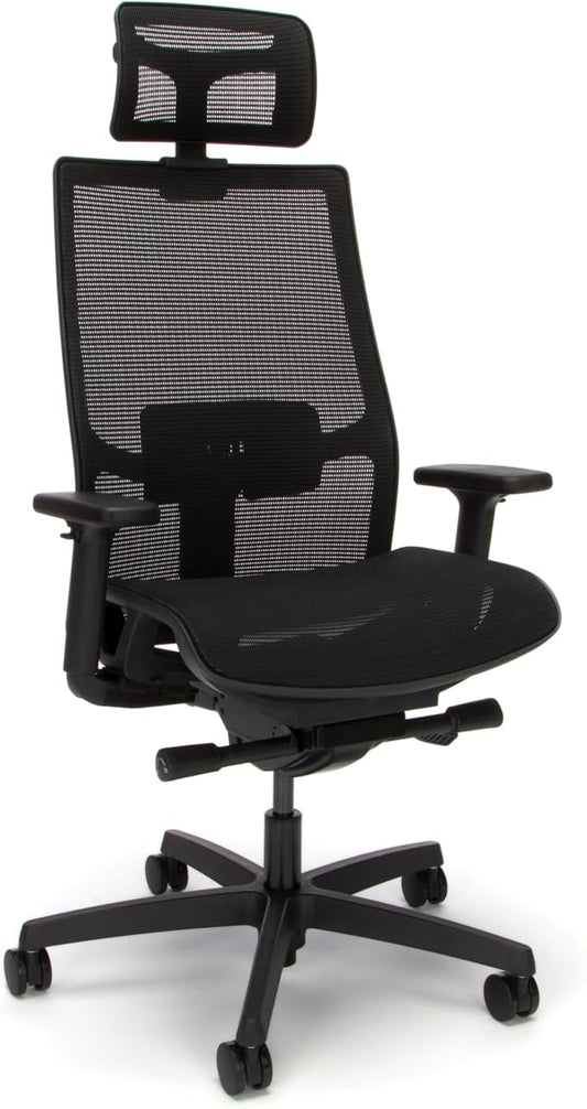HON Ignition 2.0 Ergonomic Office Chair with Headrest, Mesh Desk Chair with Lumbar Support, Synchro‑Tilt Recline, Height and Width Adjustable Arms, Swivel Wheels, Black Frame, Black