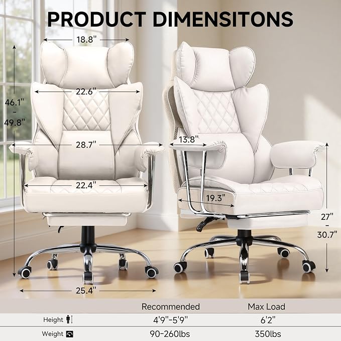 COMHOMA Big and Tall Office Chair, High Back Leather Gaming Chair with Footrest, Executive Ergonomic Office Chairs with Pocket Spring Lumbar Support and with Outward Fixed Soft Armrests