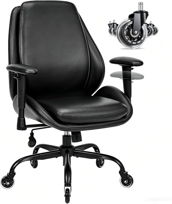 BEWISHOME Office Chair with Rubber Wheels, Big and Tall Office Chair, Ergonomic Office Chairs, Executive Desk Chair, Black PU Leather Computer Comfy Chairs with Lumbar Support, Adjustable Armrests