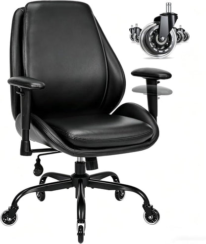 BEWISHOME Office Chair with Rubber Wheels, Big and Tall Office Chair, Ergonomic Office Chairs, Executive Desk Chair, Black PU Leather Computer Comfy Chairs with Lumbar Support, Adjustable Armrests