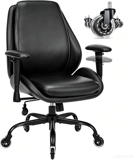 BEWISHOME Office Chair with Rubber Wheels, Big and Tall Office Chair, Ergonomic Office Chairs, Executive Desk Chair, Black PU Leather Computer Comfy Chairs with Lumbar Support, Adjustable Armrests