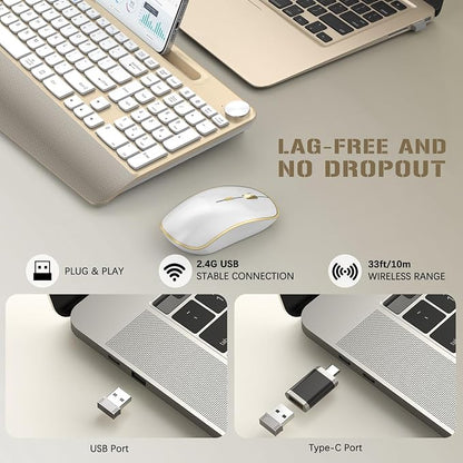JOYACCESS Ergonomic Wireless Keyboard and Mouse Combo, Full-Sized Keyboard with Wrist Rest and Tablet Holder, Volume Roller for Computer PC Laptop-Gold&White