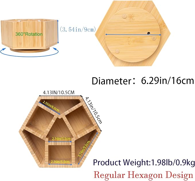 360° Rotating Bamboo Desk Organizer Hexagon Art Supply Holder Office Storage for Colored Pencils, Crayons, Paint Brushes, and Makeup Cosmetics