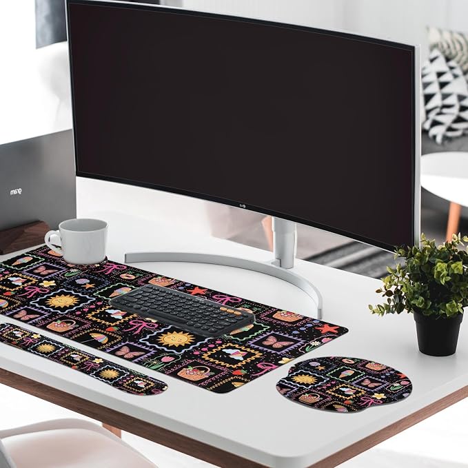 Britimes Cute Sun Bow Keyboard Mouse Pad Set Black Colorful Doodle 4in1 Large Mousepad+Keyboard Wrist Rest+Mouse Wrist Rest+Coaster Ergonomic Design for Home Office Computer 35.4x15.7 inches