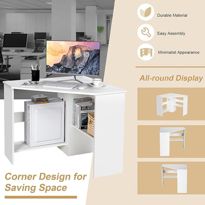 Tangkula White Corner Desk - 90 Degrees Triangle for Computer, Small Space, Bedroom, Makeup Vanity Desk with Storage Shelves & CPU Stand, Space Saving Writing Desk