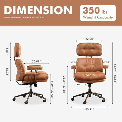 Brown Leather Home Office Chair, Ergonomic High Back Executive Chair with Deep Seat Thick Cushion, Mid Century Modern Big and Tall Computer Desk Chair with Lumbar Support (Light Brown Suede)