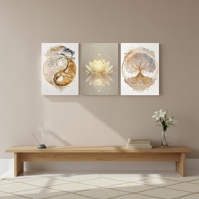Tree of Life Wall Art Canvas Framed Set of 3 Lotus Zen Wall Decor Painting Poster Abstract YinYang Fall Art Picture Print Artwork for Living Room Yoga Room Bedroom Home Decoration 12x16 inch