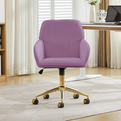 Velvet Home Office Desk Chair, Modern Cute Computer Task Chair with Back, Height Adjustable Upholstered Vanity Chair with Swivel Wheels for Women, Girls (Gold Base, Light Purple