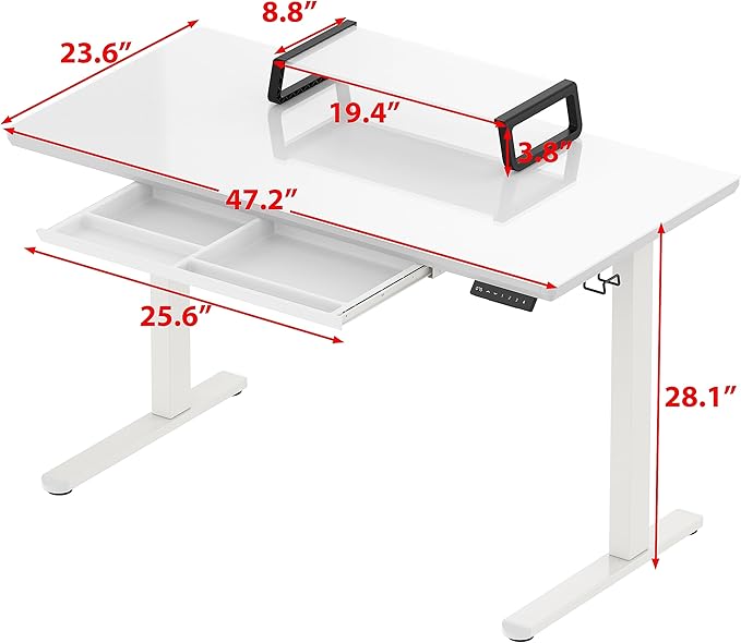 SHW 48x24 Glass Electric Height Adjustable Standing Desk – Motorized Sit Stand Desk with Monitor Riser, Pull-Out Drawer, Memory Presets, White