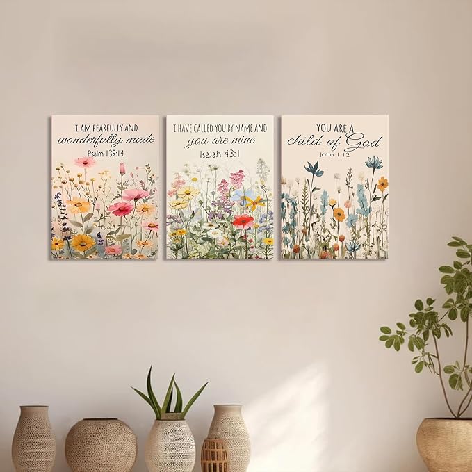 3Pcs Christian Floral Scripture Canvas Wall Art, Wildflower Bible Verse Posters Wall Decor, Psalm Religious Faith Art Pictures Prints for Living Room Bedroom Decorations 12x16in Framed