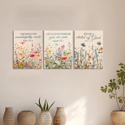 3Pcs Christian Floral Scripture Canvas Wall Art, Wildflower Bible Verse Posters Wall Decor, Psalm Religious Faith Art Pictures Prints for Living Room Bedroom Decorations 12x16in Framed