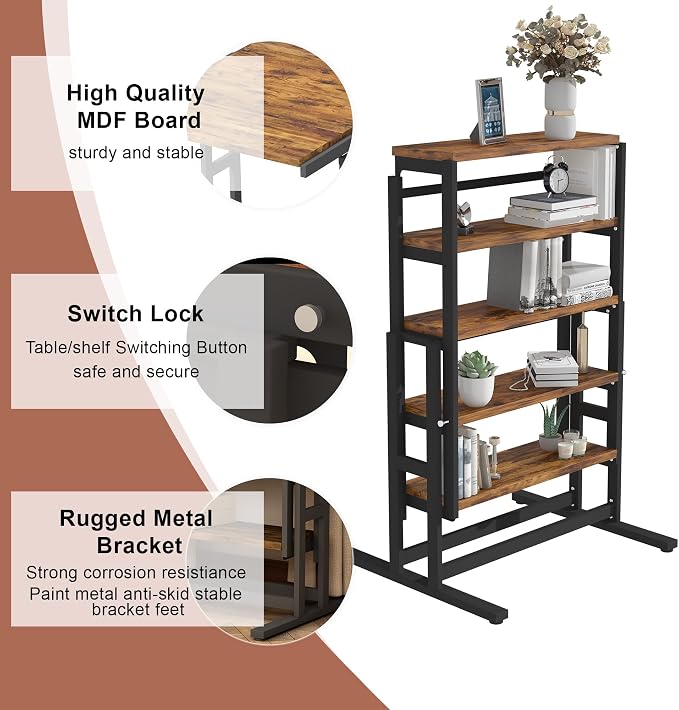 Extendable Dining Table Convertible 2 in 1 Shelf to Table with Metal Frame Industrial and Rustic Style for Small Spaces, Kitchen & Dining Room