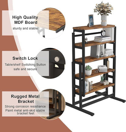 Extendable Dining Table Convertible 2 in 1 Shelf to Table with Metal Frame Industrial and Rustic Style for Small Spaces, Kitchen & Dining Room