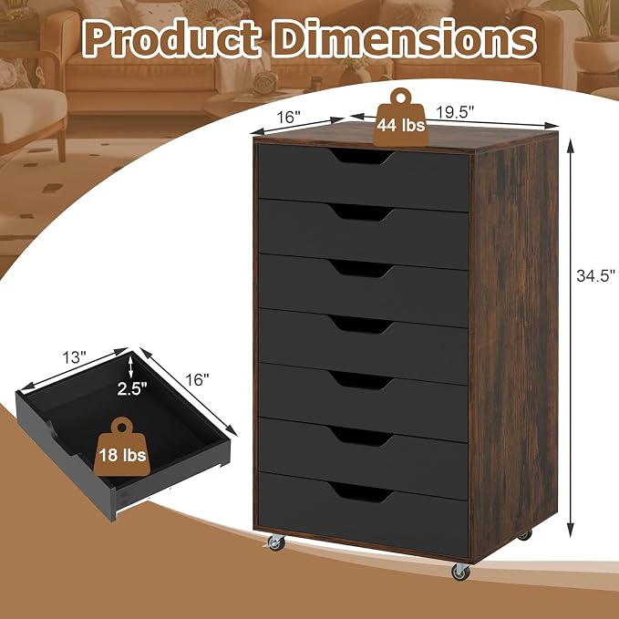 7 Drawers Filing Cabinet, Vertical File Cabinet for Home Office, Mobile Under Desk Office Storage Cabinets with Wheels (Rustic Brown)