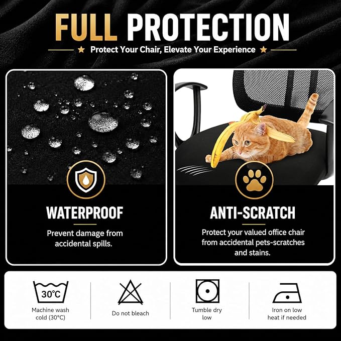DIVA EN CAMINO DEC Water-Resistant Stretchable Desk Office Chair Seat Cushion Covers - Universal Spandex Computer Chair Slipcover - Removable Washable Cushion Protectors for Dogs, Cats, Black