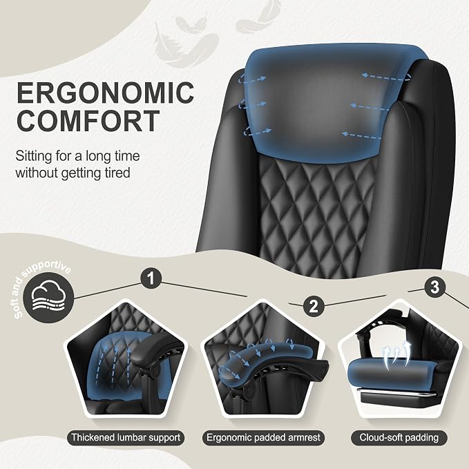 Homall Executive Home Office Chair with Lumbar Support,400lbs Adjustable Ergonomic High Back Office Chair Reclining Managerial Chair for Home Office (Black)
