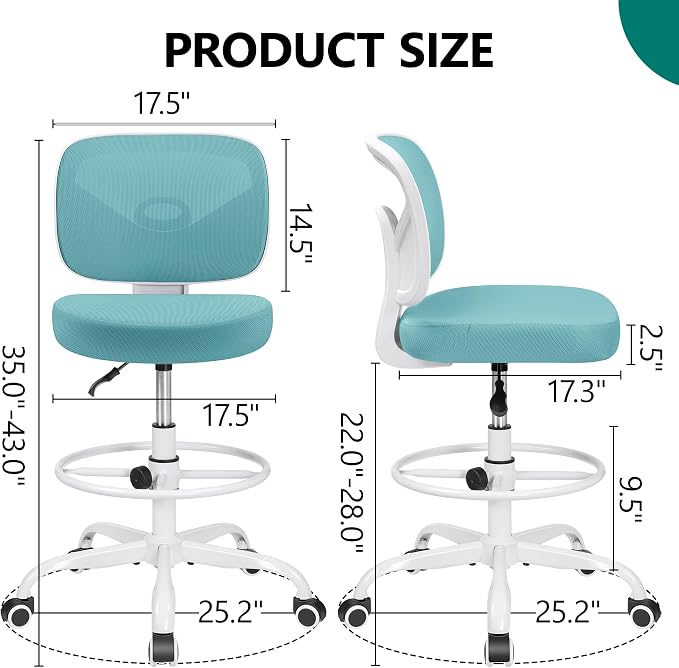 Primy Armless Tall Desk Chair, Adjustable Height and Footring, Low-Back Ergonomic Standing Desk Chair Mesh Rolling Tall Chair for Art Room, Office or Home (Teal)