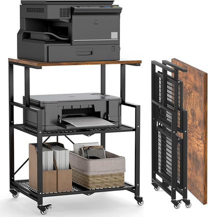 DEANIC Heavy Duty 3-Tier Printer Stand with Locking Wheels, 23.6 x 18.9 x 30 Inches Folding Printer Table with Storage, Large Printer Table Shelf, Easy Assembly for Home Office, Black