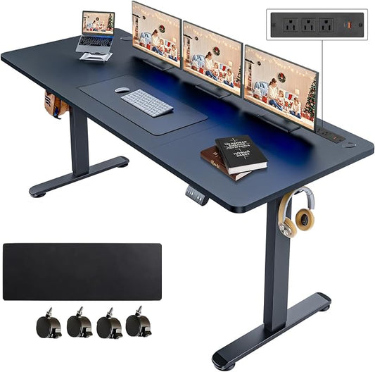 Electric Standing Desk with Power Outlets and USB-C Port, 70 x 27 Inches Adjustable Height Sit Stand Up Desk for Home Office, Adjustable Desk with Memory Preset and Wheels, Black