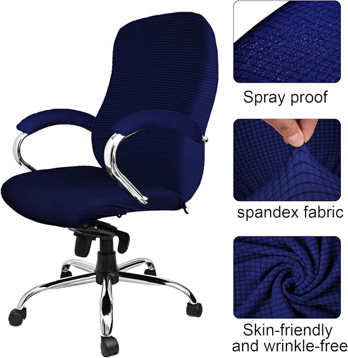 Tatuo 3 Pcs Computer Office Chair Cover Universal Rotating Chair Slipcovers Protector Removable Washable Office Armrest Covers with Zipper for High Back Seat Backrest(L,Waffle,Navy Blue)