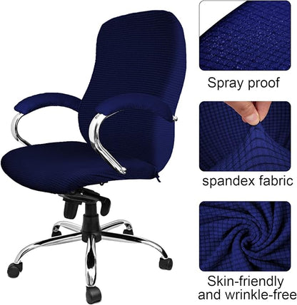 Tatuo 3 Pcs Computer Office Chair Cover Universal Rotating Chair Slipcovers Protector Removable Washable Office Armrest Covers with Zipper for High Back Seat Backrest(L,Waffle,Navy Blue)