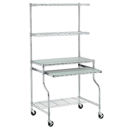 Nexel Commercial Wire Shelf Mobile Computer LAN Workstation, 31.5"W x 24"D x 63"H, Keyboard Tray, Adjustable, Castors, Chrome