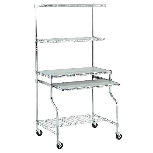 Nexel Commercial Wire Shelf Mobile Computer LAN Workstation, 31.5"W x 24"D x 63"H, Keyboard Tray, Adjustable, Castors, Chrome