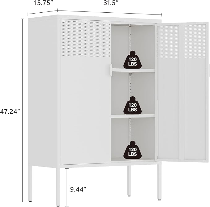 Metal Storage Cabinet,2 Door TV Stand, Metal Mesh Accent Cabinet,Magnetic Door Closure,Low Storage Cabinets with Doors and Shelf for Home,Office,Living Room