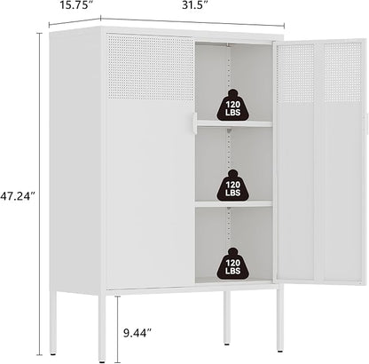 Metal Storage Cabinet,2 Door TV Stand, Metal Mesh Accent Cabinet,Magnetic Door Closure,Low Storage Cabinets with Doors and Shelf for Home,Office,Living Room